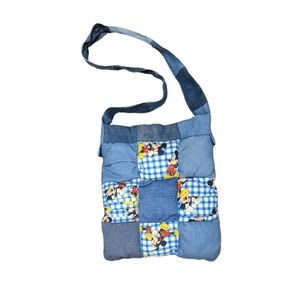 Hand Made Blue Denim Quilted Patchwork shoulder bag mickey mouse vtg 90s y2k